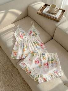 Resyla 花卉印花对比色蕾丝蝴蝶结前褶边下摆睡衣套装/睡衣套装 - 杏色 - 查看 5