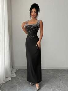 Elenzga 无袖方领收腰珍珠水钻装饰优雅浪漫修身连衣裙，适合派对、婚礼等场合。 - 黑色 - 查看 5