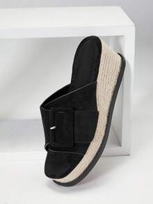 SHUZIA Giày đế xuồng kiểu espadrille tối giản dành cho nữ, chất liệu giả da lộn, có khóa cài, đế dày. - màu đen - Xem 7