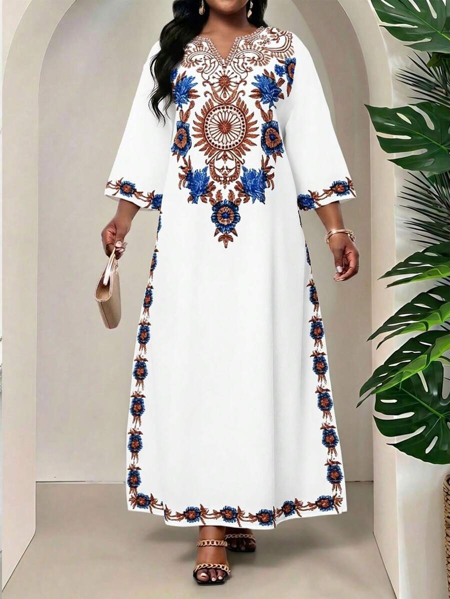 SHEIN Lady Abito casual da vacanza con stampa floreale e scollo tagliato, taglie comode - Multicolore - Visualizzare 1