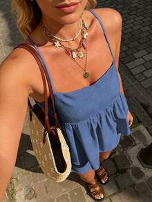 Selianne Women's Casual Vacation Solid Color Ruffle Hem Camisole And Shorts Set, Spring/Summer - Blue - View 6