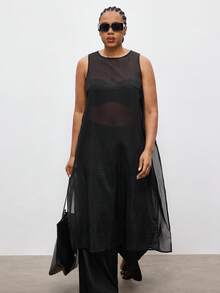 Maija Áo kiểu nữ cỡ lớn, chất liệu xuyên thấu, kiểu dáng thành thị, không tay, cổ tròn, cài nút bên hông, dài, thời trang thường ngày, công sở, áo xuyên thấu, áo khoác ngoài màu đen cho nữ, phong cách cổ điển, dành cho phụ nữ trung niên, giáo viên, lãng mạn, thời trang, đa năng, áo dự tiệc mùa hè cho nữ, thích hợp đi biển, nghỉ mát, đi chơi, tốt nghiệp, thanh lịch, áo kiểu thường ngày, trang phục công sở cho nữ. - màu đen - Xem 4