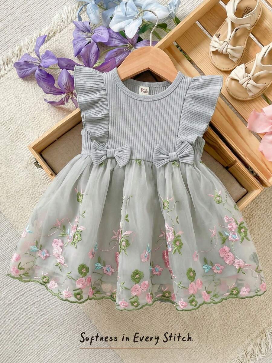 Cozy Pixies 女婴碎花圆领短袖收腰连衣裙 - 淺綠色 - 查看 1