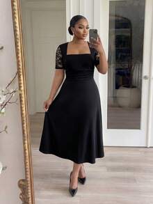 SHEIN Lady CURVE Đầm dự tiệc cỡ lớn dành cho nữ, phối ren, kiểu dáng thanh lịch, thắt eo. - màu đen - Xem 7