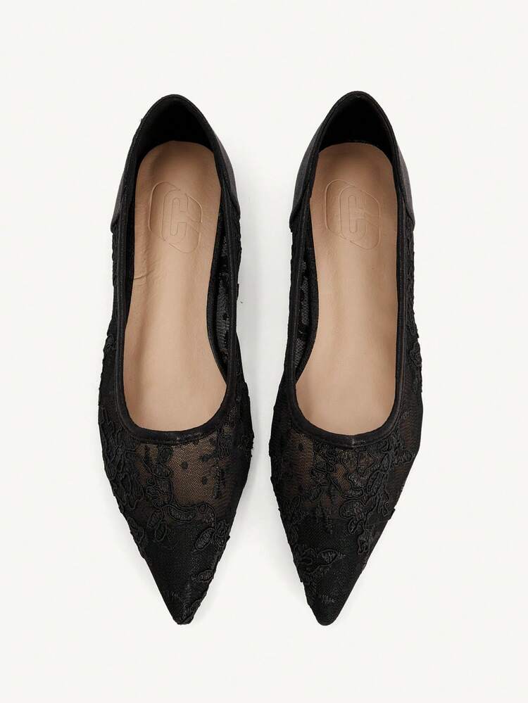 CUCCOO CHICEST Women Shoes Fashion Pointed Flat Bottom Black Lace Mesh Elegant Comfort Commuting Comfort Versatile Women's Flat Bottom Shoes Women's Shoes