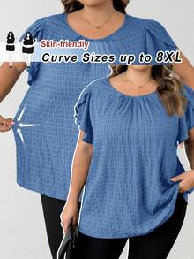 SHEIN CURVE+ 大码女式早春蓝色花瓣袖衬衫 - 霧霾藍 - 查看 1