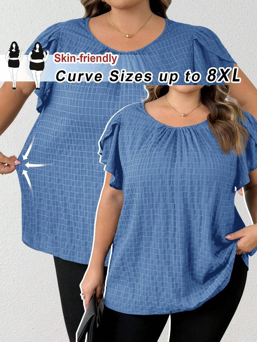 SHEIN CURVE+ 大码女式早春蓝色花瓣袖衬衫 - 霧霾藍 - 查看 1