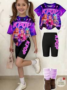 Bộ áo thun và quần short in hình hoạt hình dành cho bé gái, thích hợp mặc mùa hè. - Nhiều màu - Xem 1