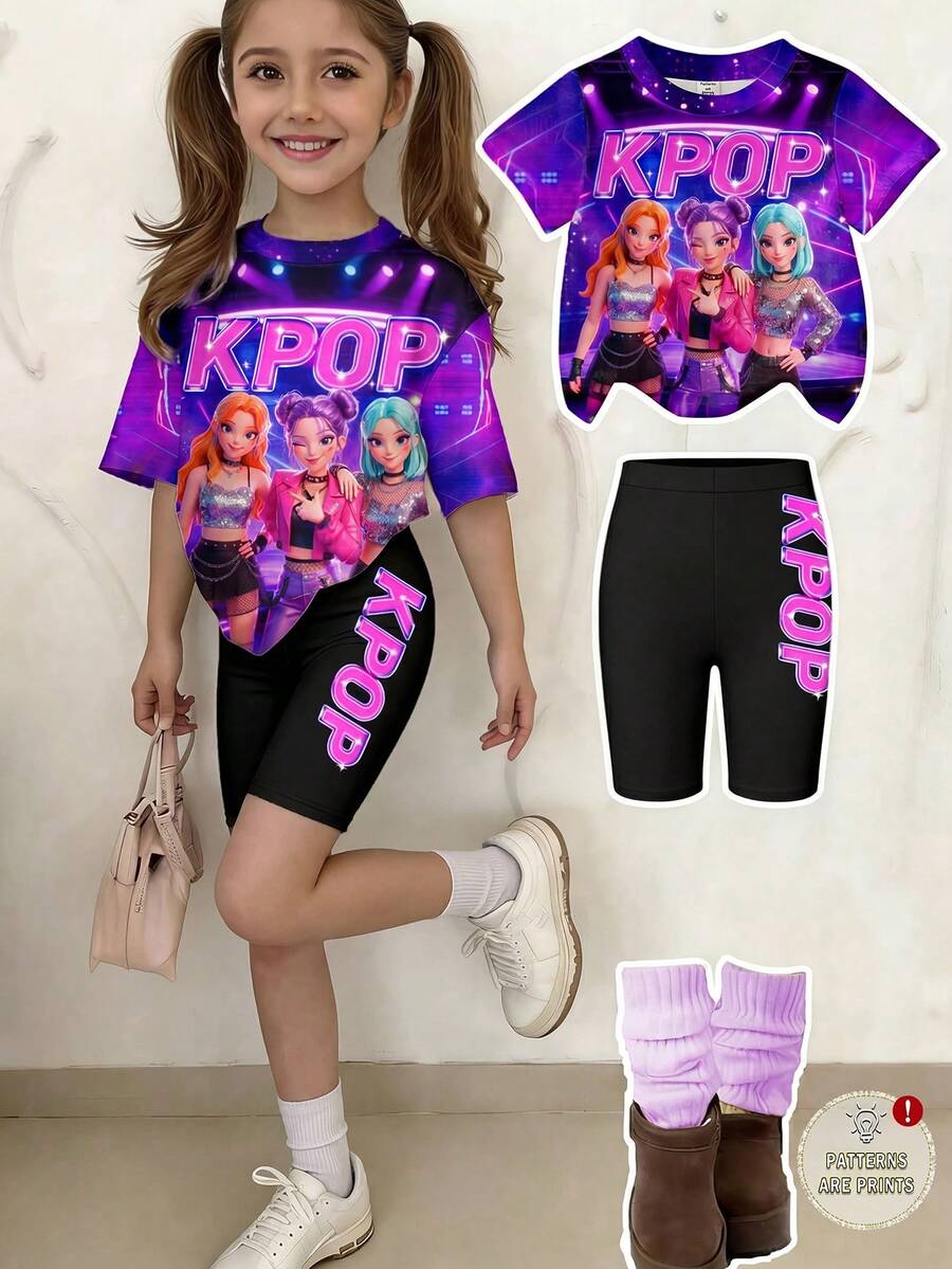 Bộ áo thun và quần short in hình hoạt hình dành cho bé gái, thích hợp mặc mùa hè. - Nhiều màu - Xem 1