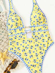 Swim Vcay 黄色底蓝色碎花随机印花深V领撞色蓝色格子仿珍珠装饰女士性感休闲连体泳衣 - 彩色 - 查看 4
