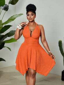 Maweii Plus Size Women's Burnt Orange Summer 70's Party Rave Holiday Dress,Jacquard High Stretch Halter Neck,Metal Decor,Asymmetric Hem Backless,Versatile - Orange - View 5