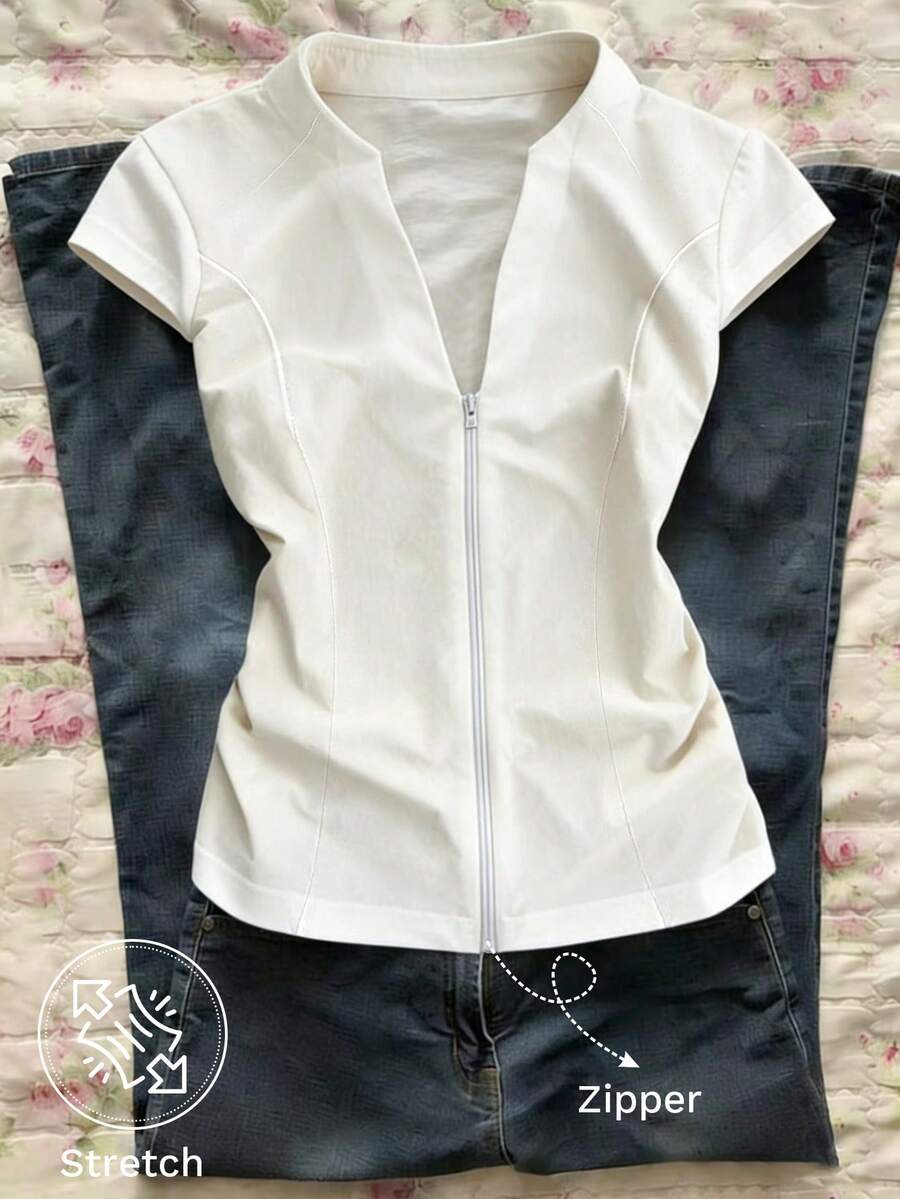 Franclia Women's Solid Color Zip-Up Collar Short Sleeve Casual T-Shirt,All White Summer Everyday Casual Top,Modern Racer Top - White - View 1