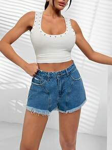 SHEIN 100% Cotton Mid Waist Washed Denim Short - Medium Wash - View 4