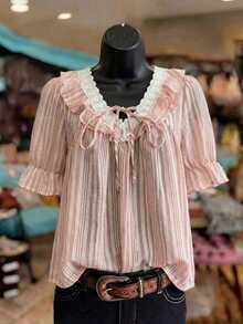 LanaWest Blusa feminina estilo ocidental casual, em tecido texturizado, com detalhes em renda contrastante e barra com babados. - Rosa - Ver 3