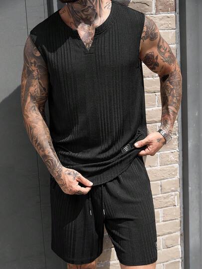 Manfinity CasualCool Men's Summer Casual Solid Color Tank Top And Shorts Set