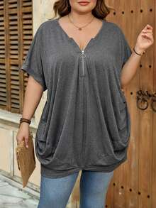 SHEIN CURVE+ Oversized US22 Musik Festival, Strandurlaub, Boho Damen Einfarbig Reißverschluss Halb-Reißverschluss Kurzarm Lässiges Locker Sitzende T-Shirt Damen Oberteile Schwarz Lässige Oberteile T-Shirts - Grau - Übersicht 4