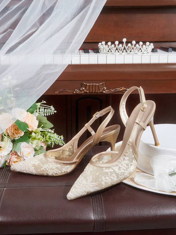 CUCCOO HITCHD Women Shoes Pointed Stiletto Champagne Mesh Lace Simple Slingback Women's Slingback Shoes Wedding Party Banquet Simple Fashion Sexy Women's High Heel Shoes Women's Shoes Wedding Shoes Summer Shoes Bride Shoes