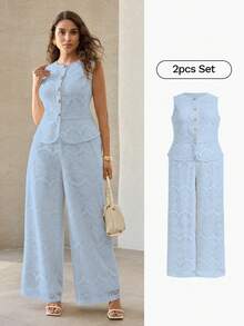 MOTF PREMIUM SUMMER LACE HOLLOW OUT TOP & PANTS SET, MATCHING VEST, FRENCH LACE FASHIONABLE VERSATILE PLUS SIZE WOMEN 2 PIECES OUTFIT - Baby Blue - View 4