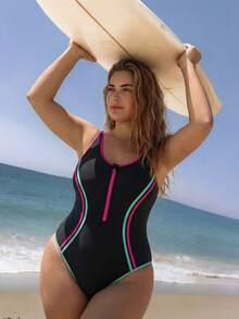 Swim SPRTY 大码女式拼接拉链半开襟连体泳衣，适合海滩度假、泳池派对、沙滩派对 - 黑色 - 查看 6