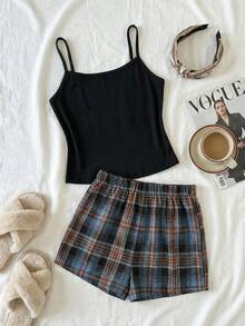 SHEIN Tween Girl Casual Ribbed Camisole & Plaid Shorts 2 Pieces Pajama Set, Comfortable Loungewear - Black - View 4