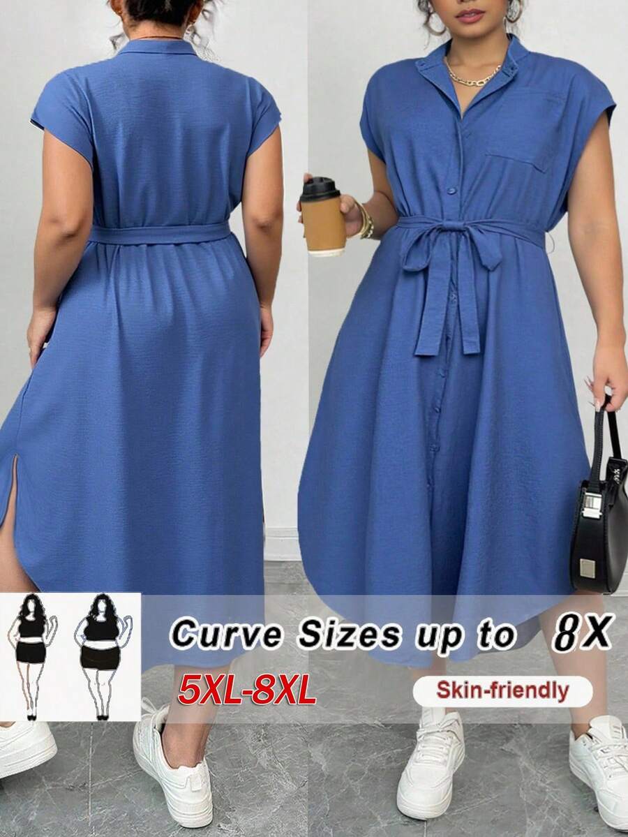 SHEIN CURVE+ Elegantes Kleid für Damen in Große Größen mit Alice-Stoff, Hemdkragen, Raglanärmeln, Taillenschleife, Holzknöpfen, für Frühling/Sommer, vielseitig einsetzbar, Lässig-Club-Mode - Blau - Übersicht 1