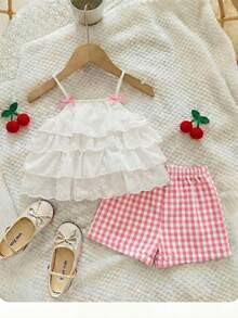 Ensemble Top à volants et short à carreaux mignon pour vacances d'été pour bébé fille - Rose bonbon - Voir 8