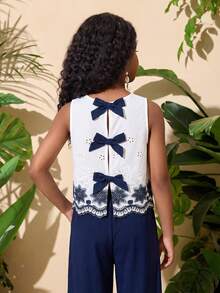 SHEIN Serisse Kids 少女蝴蝶结刺绣露背吊带背心和阔腿裤两件套休闲度假套装，藏蓝色 - 藏蓝色 - 查看 13