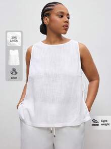 Maija 2025新款加大码女式亚麻休闲无袖背心，侧开衩蝴蝶结设计，舒适百搭，适合音乐节、演唱会、乡村音乐活动、海滩、度假以及春夏日常穿着。 - 白色 - 查看 1