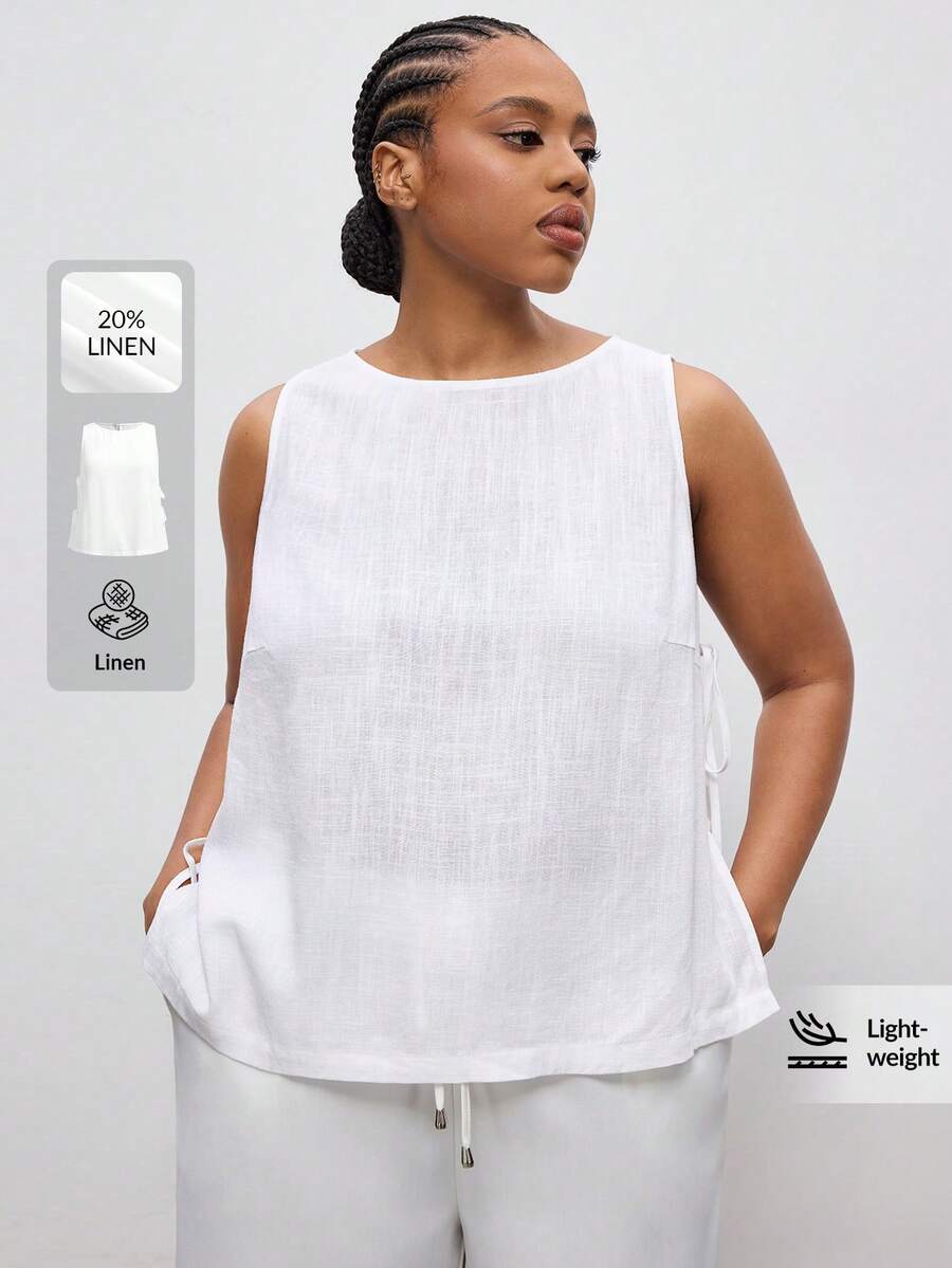 Maija 2025新款加大码女式亚麻休闲无袖背心，侧开衩蝴蝶结设计，舒适百搭，适合音乐节、演唱会、乡村音乐活动、海滩、度假以及春夏日常穿着。 - 白色 - 查看 1