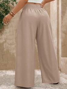SHEIN CURVE+ Plus Size Bohemian Elegant Solid Color Fashion Casual Loose Flare Pants Vacation Beige Autumn - Apricot - View 2