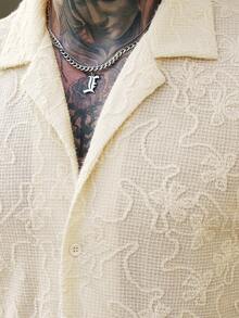 Manfinity CasualCool 男士提花针织领纯色休闲假日短袖衬衫 - 米色 - 查看 3