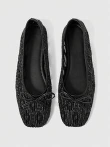 Sleekvia 女士经典蝴蝶结细节蕾丝网面时尚优雅舒适方头平底鞋 - 黑色 - 查看 1