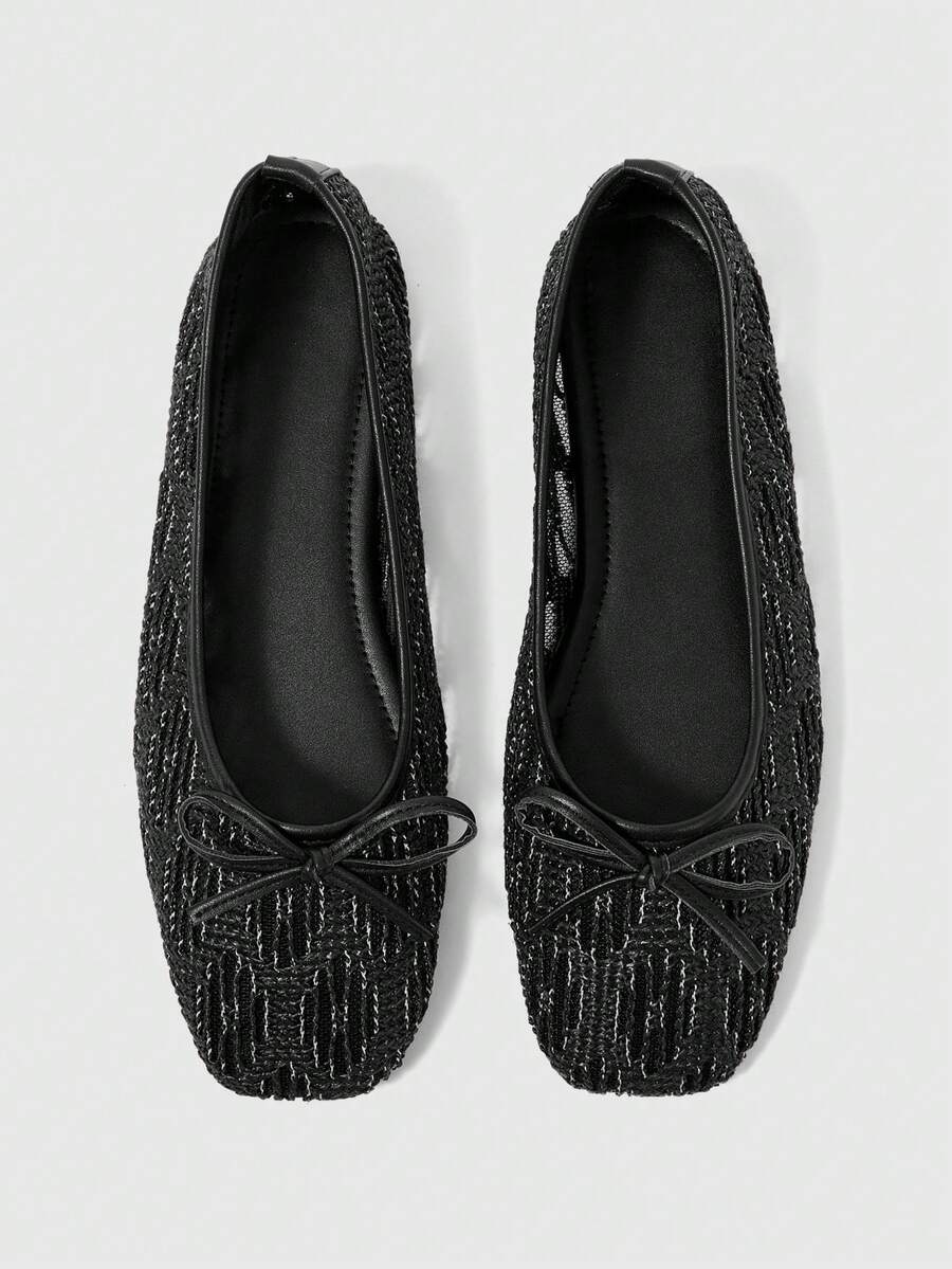 Sleekvia 女士经典蝴蝶结细节蕾丝网面时尚优雅舒适方头平底鞋 - 黑色 - 查看 1