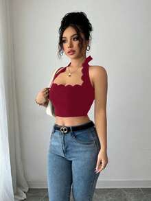 Selianne Áo tank top crop top ren bèo màu đen gợi cảm cho nữ, kiểu dáng dễ thương, áo sexy, trang phục phổ biến, áo sexy cho nữ, áo cho nữ mùa hè, trang phục dễ thương cho nữ, trang phục OOTD cho nữ, áo ôm sát cho nữ, áo thường ngày cho nữ, áo cổ yếm viền ren, áo dễ thương cho nữ, áo crop top đỏ, áo crop top thường ngày cho nữ - Màu Đỏ Sâu - Xem 7