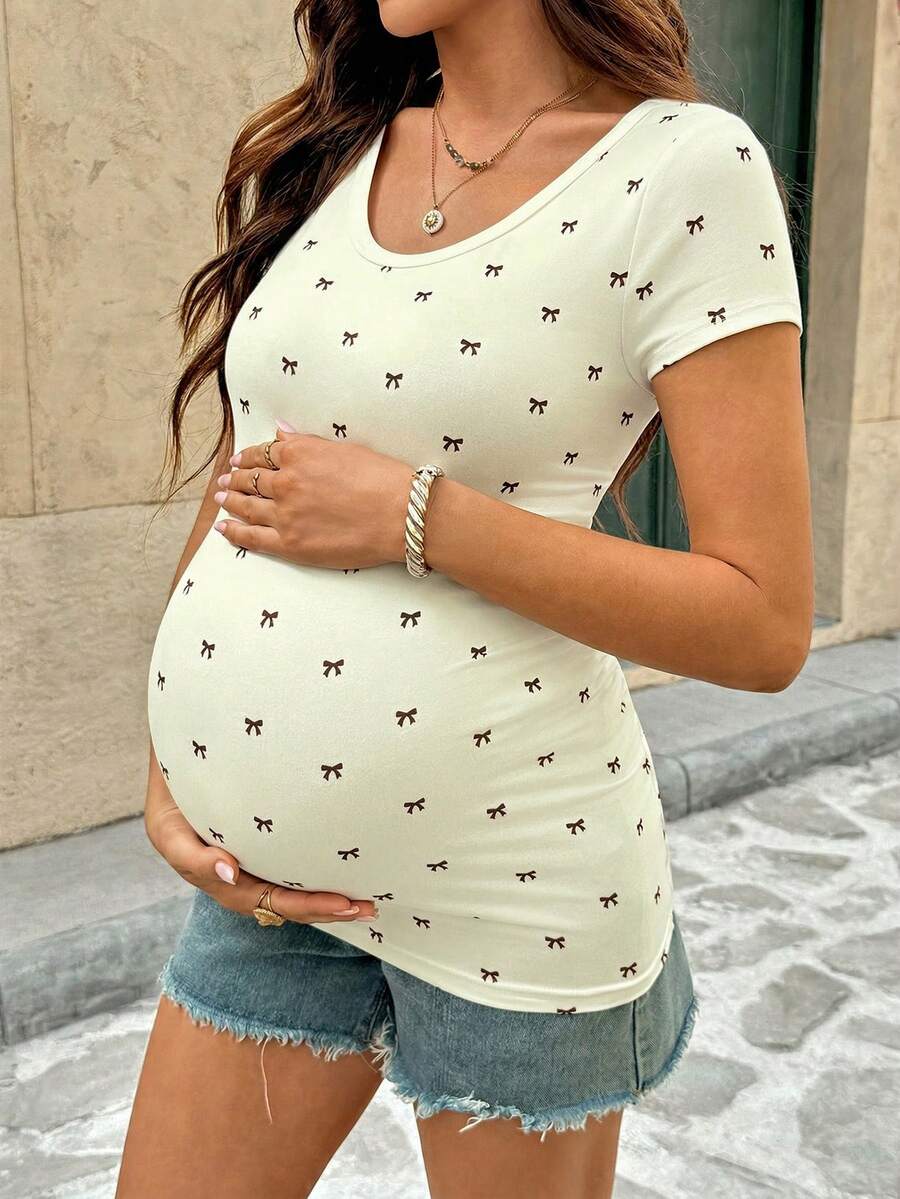 SHEIN 孕婦女款休閒滿版蝴蝶結印花V領短袖T恤 極簡夏季仙氣孕婦上衣 適合寶寶洗禮拍照 - 黃色 - 查看 1