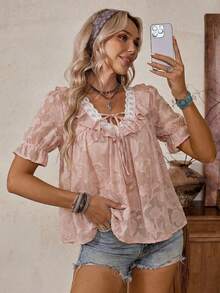 LanaWest Women's Western Casual Woven Textured Fabric Contrast Lace Trim Ruffle Hem Short Sleeve Blouse - Dusty Pink - View 4