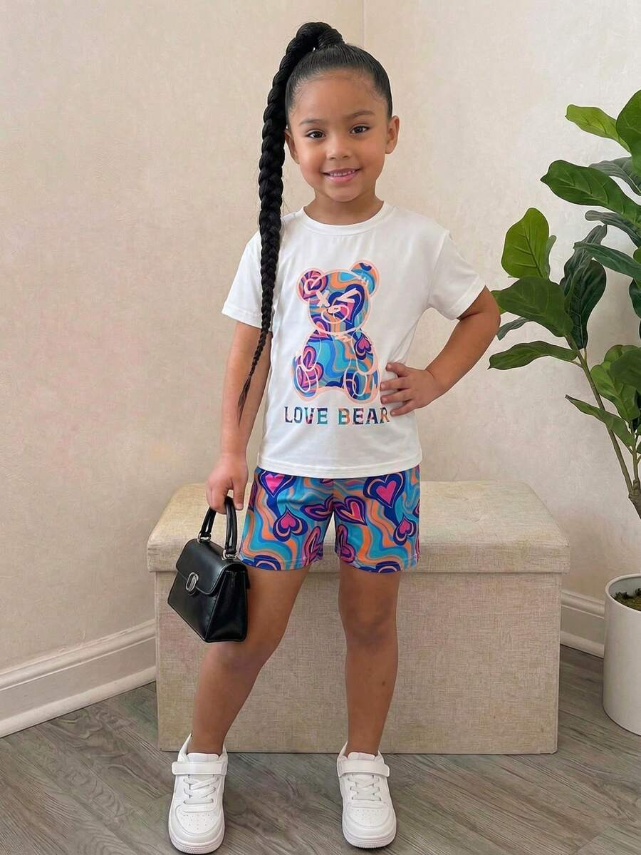 SHEIN Young Girls Summer Casual Bear Print T-Shirt And Heart Print Shorts Set, Kids Two Piece Set Shorts Set For Girls Two Piece Outfit Toddler Girl Cute Short Sets T Shirt Shorts Suit For Girls - Multicolor - View 1