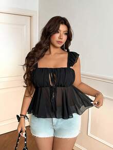 Plus Size Sexy Bow Tie Off-Shoulder Backless Blouse - Black - View 4
