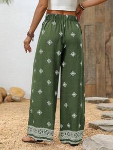 Breezaya Women's Casual Vacation Print High Waist Wide Leg Pants - Green - View 2