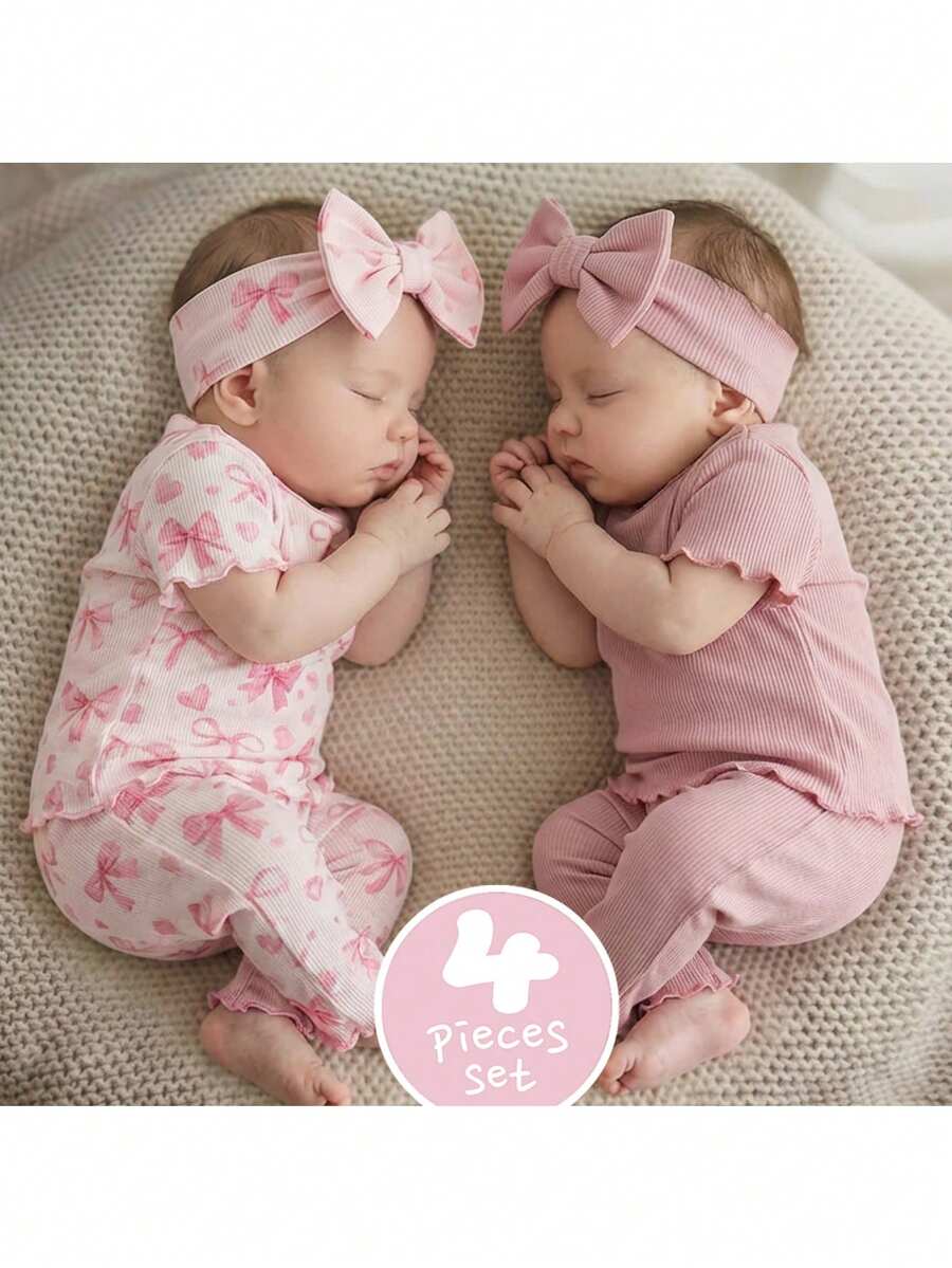 SHEIN Kids Dozemod 四件套休闲蝴蝶结图案荷叶边圆领短袖上衣和裤子针织罗纹睡衣套装,适合新生女童,夏季印花 - 粉色 - 查看 1