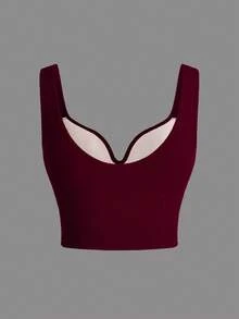 SHEIN Rhythm Era Plus Size Women Solid Color Sports Bra Built In Tops Tops Curve Built In Bra Tops - Burgundy - View 2