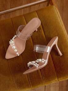 Eladyva Sandalias de tacón alto transparentes y desnudas para mujeres con decoración de perlas, sandalias de tacón alto simples y elegantes con punta puntiaguda para fiestas de verano, modernas y cómodas - Albaricoque - Ver 2
