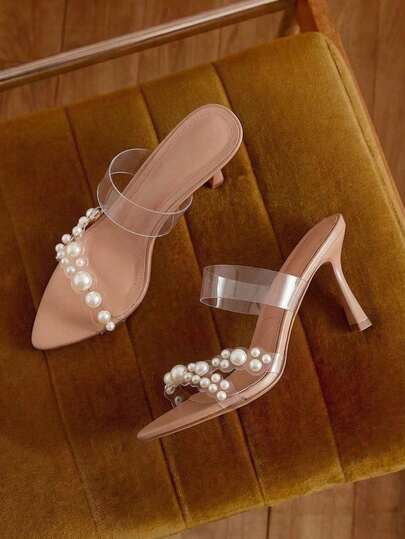 女士珍珠裝飾裸色透明高跟涼鞋，時尚舒適簡約的尖頭高跟鞋，適用於夏季派對