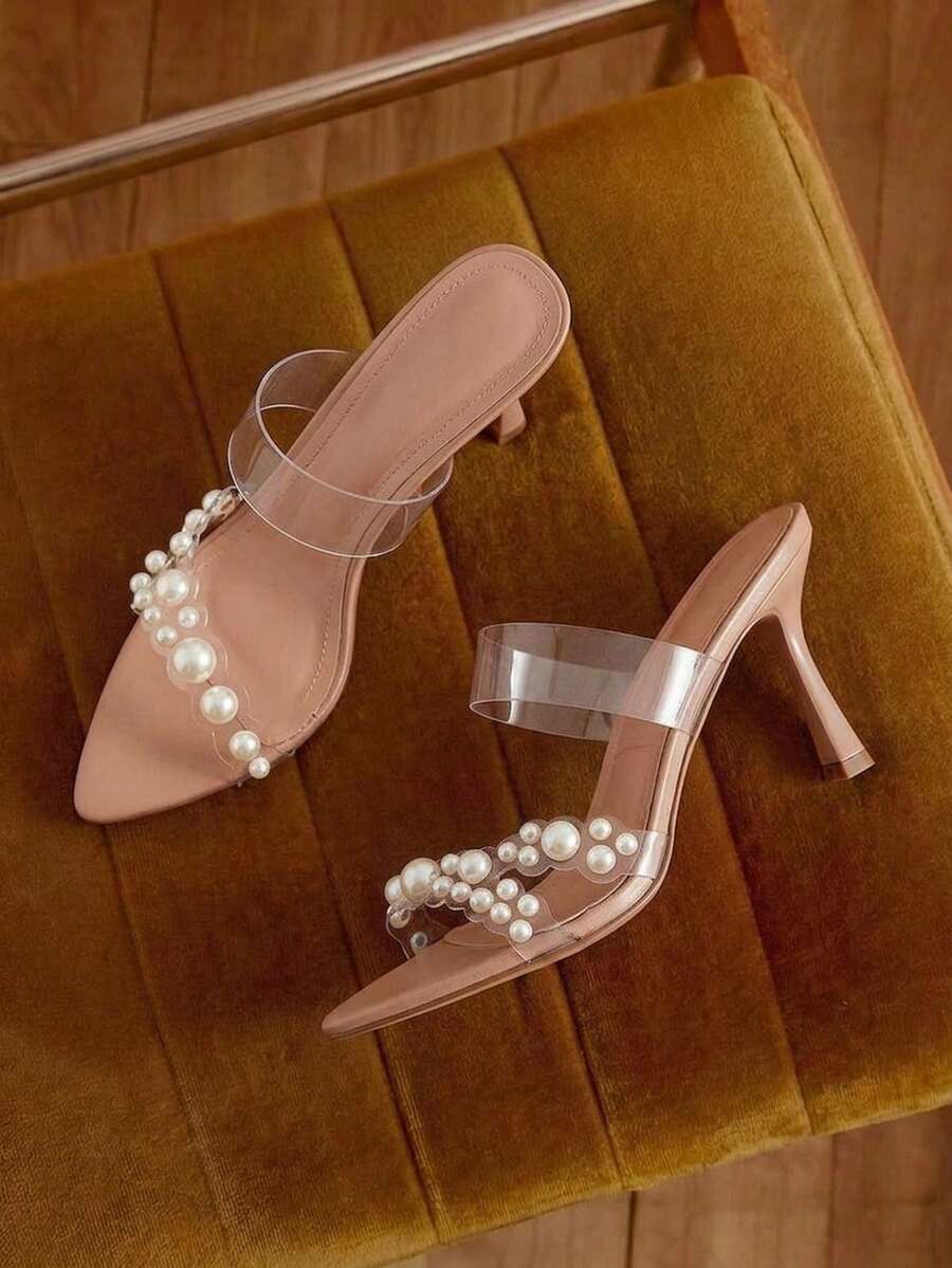 Eladyva Sandalias de tacón alto transparentes y desnudas para mujeres con decoración de perlas, sandalias de tacón alto simples y elegantes con punta puntiaguda para fiestas de verano, modernas y cómodas