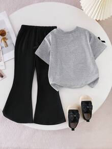 Elladie kids Girls (Small) Gray Short Sleeve Bow T-Shirt Top And Black Flare Pants Set, Casual Daily Fashion Outfit For Summer Squishy Summer Outfits Girls 2 Piece Trouser Set Young Girls Clothing Sets Girls Flared Pants Sets Childrens Fashion Set Girls Bow Top And Pants Set Toddler Girl Two Piece Outfit Kids Flared Pants Outfit Girls T-Shirt And Pants Girls Pant Sets Girls Bow Top And Flared Pants Girls T-Shirt And Pant Sets - Grey - View 2