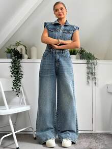 100% Cotton Women Denim Blue Fashionable Casual Overall Button Front Streetwear Detail - Medium Wash - View 2