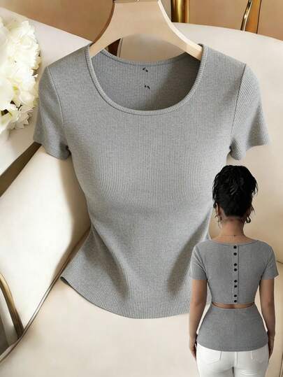 GlowEve Camiseta feminina de manga curta com decote quadrado, detalhe de botão nas costas, recorte na cintura, modelo casual para férias, nova da primavera/verão.