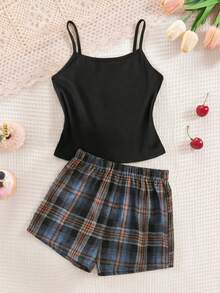 SHEIN Tween Girl Casual Ribbed Camisole & Plaid Shorts 2 Pieces Pajama Set, Comfortable Loungewear - Black - View 3