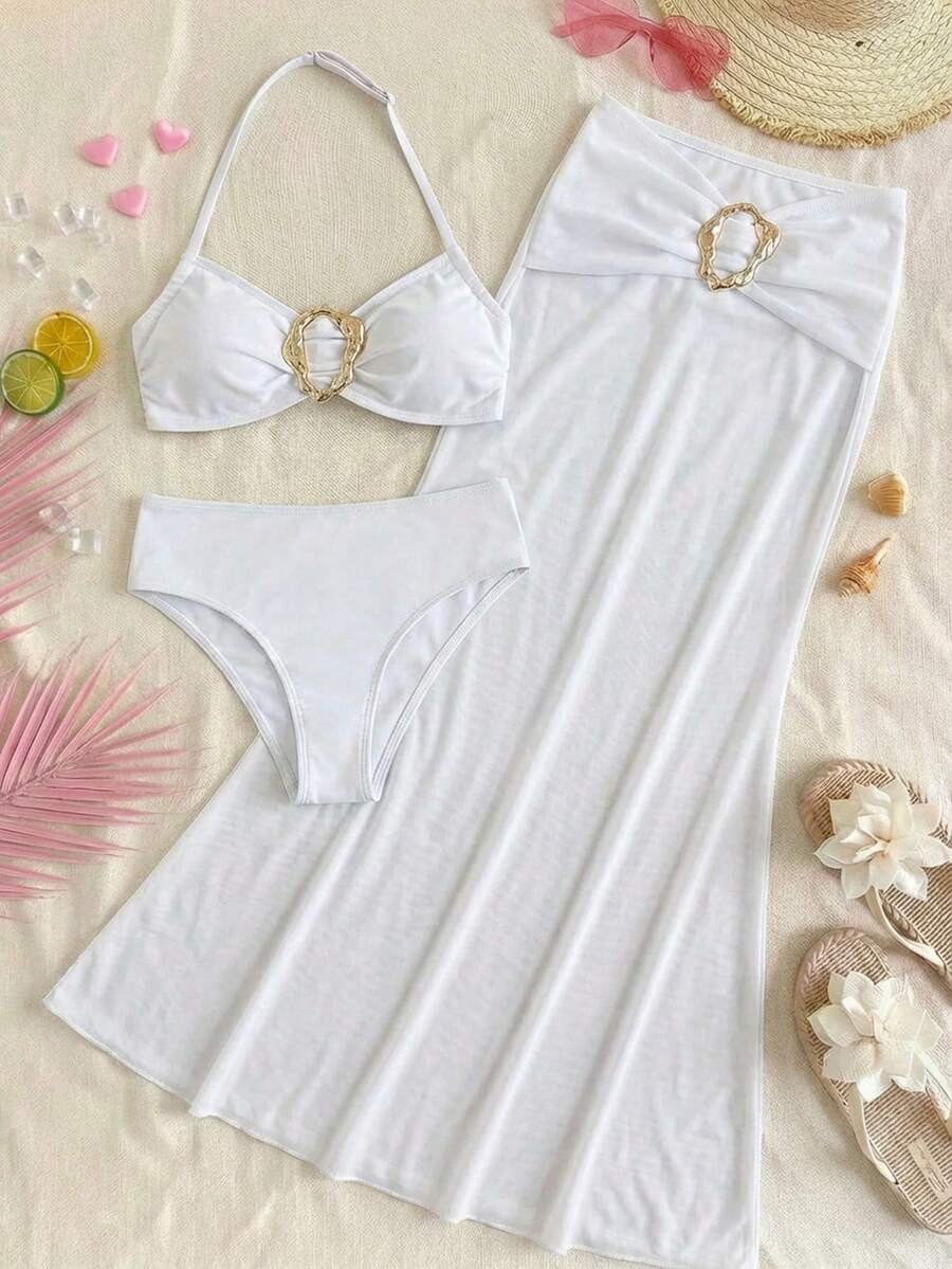 Travachic KIDS Tween Girl Knitted Blue Bikini Set With Beach-Ready Starfish Details Mermaid Outfit For Summer Vacation - White - View 1