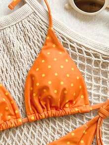 Swim Mod Set Bikini Segitiga Pinggang Rendah Seksi Model Halter untuk Wanita Musim Panas Terbaru, Warna Dasar Oranye dengan Motif Polkadot Kuning - Jeruk - View 4